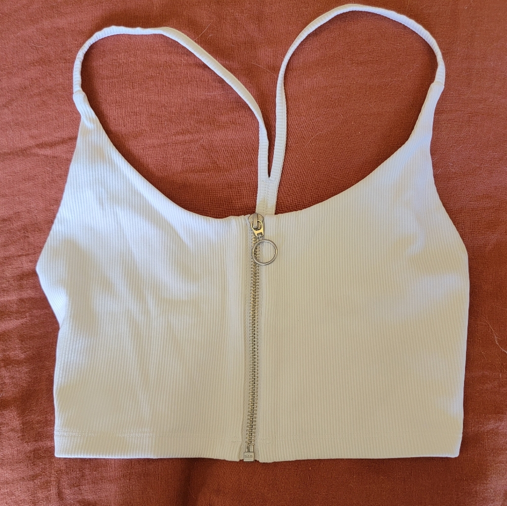 Lorna Jane Ribbed Zip Up Cropped Top - White - Size XS